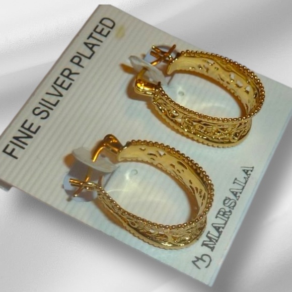 Marsala Jewelry - Shiny Gold Filigree, Silver Plated, Cut Out Design, Oval Open Hoop Earrings New